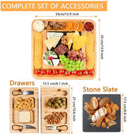 Bamboo Cheese Board and Knife Set with Cutlery including Slate Rock Tray, 4 Stainless Steel Knife & Thick V178-82542