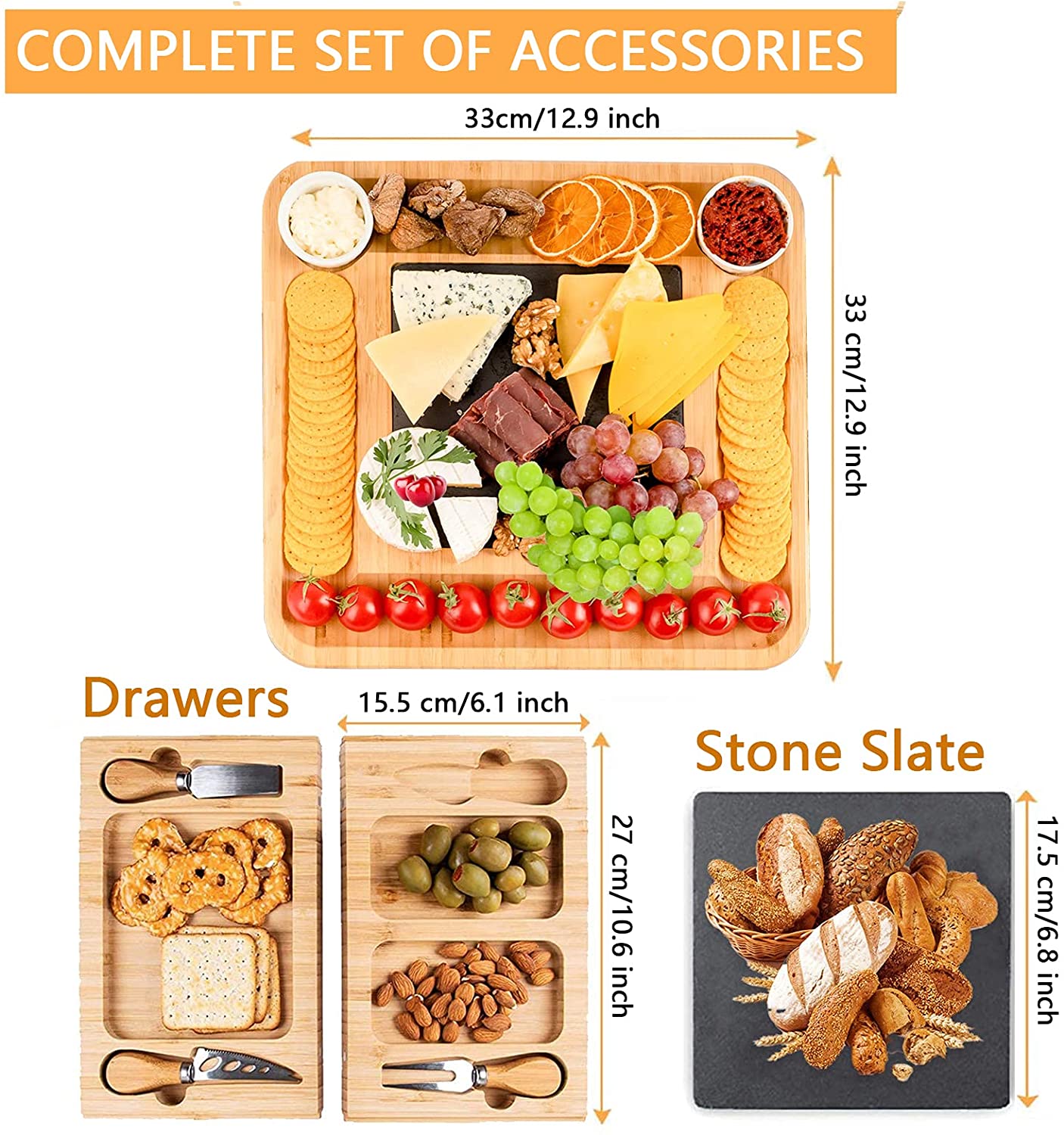 Bamboo Cheese Board and Knife Set with Cutlery including Slate Rock Tray, 4 Stainless Steel Knife & Thick V178-82542
