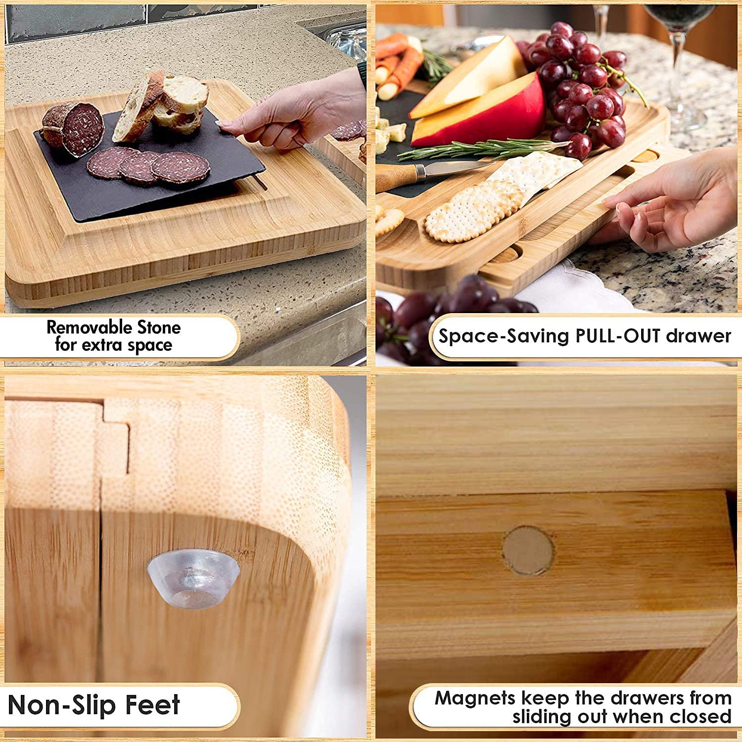 Bamboo Cheese Board and Knife Set with Cutlery including Slate Rock Tray, 4 Stainless Steel Knife & Thick V178-82542
