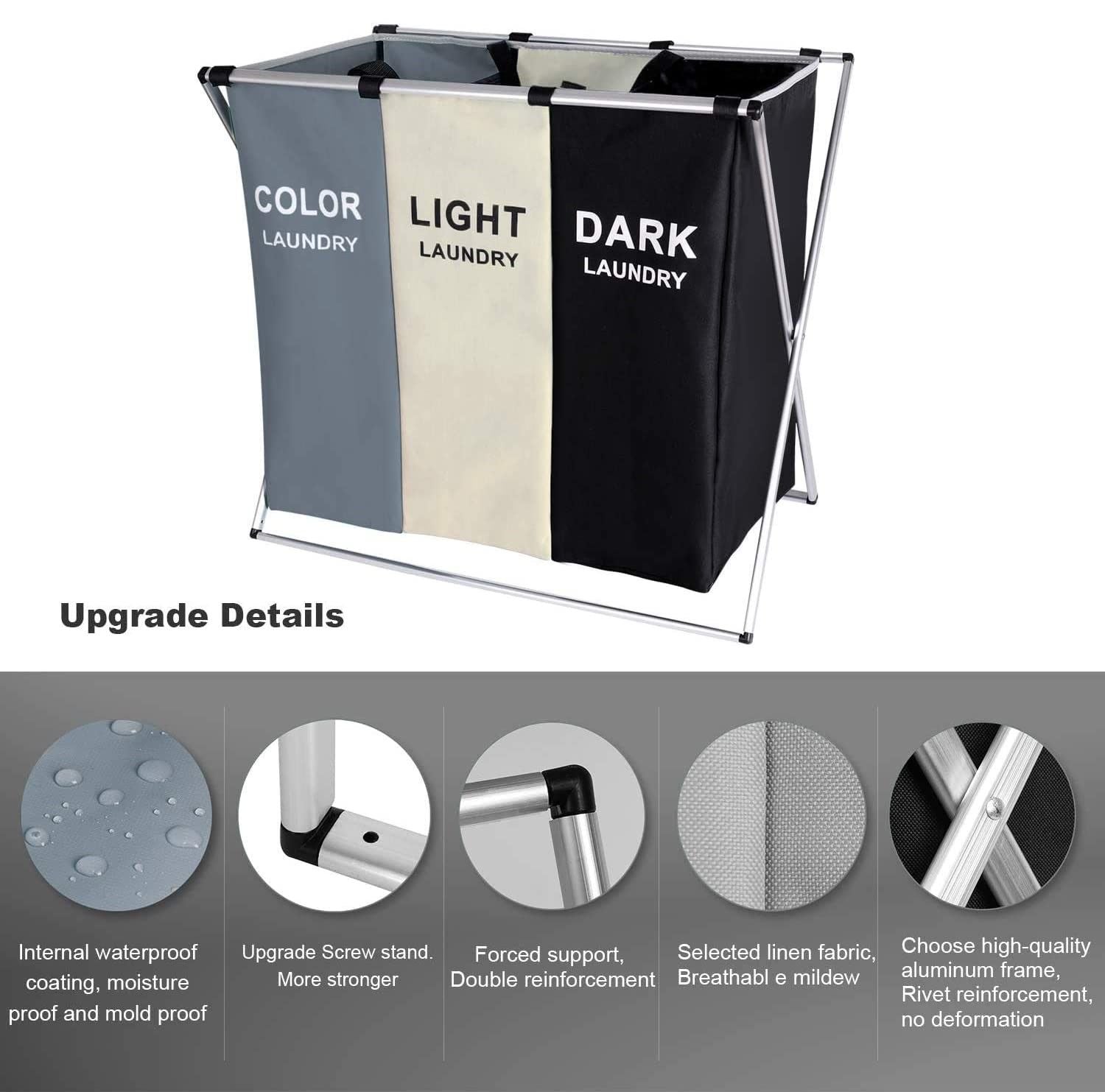 3 in 1 Large 135L Laundry Clothes Hamper Basket with Waterproof bags and Aluminum Frame (Multi) V178-83102