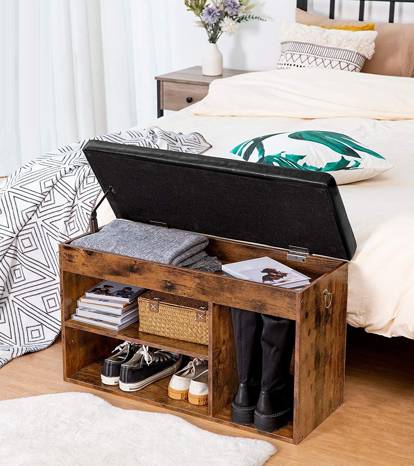 Shoe Storage Bench with Padded Cushion,Flip-Open Storage Box and Adjustable Shelf for Entryway and Living Room V178-83171