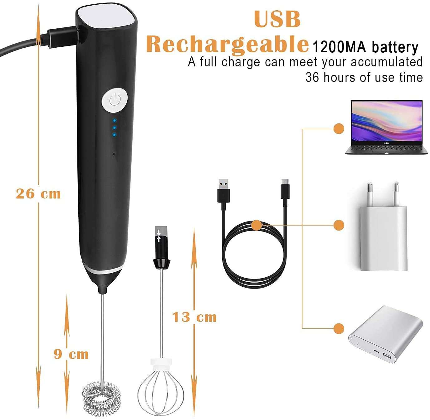 Black Rechargeable Electric Milk Frother Handheld (3 Speeds) V178-83525