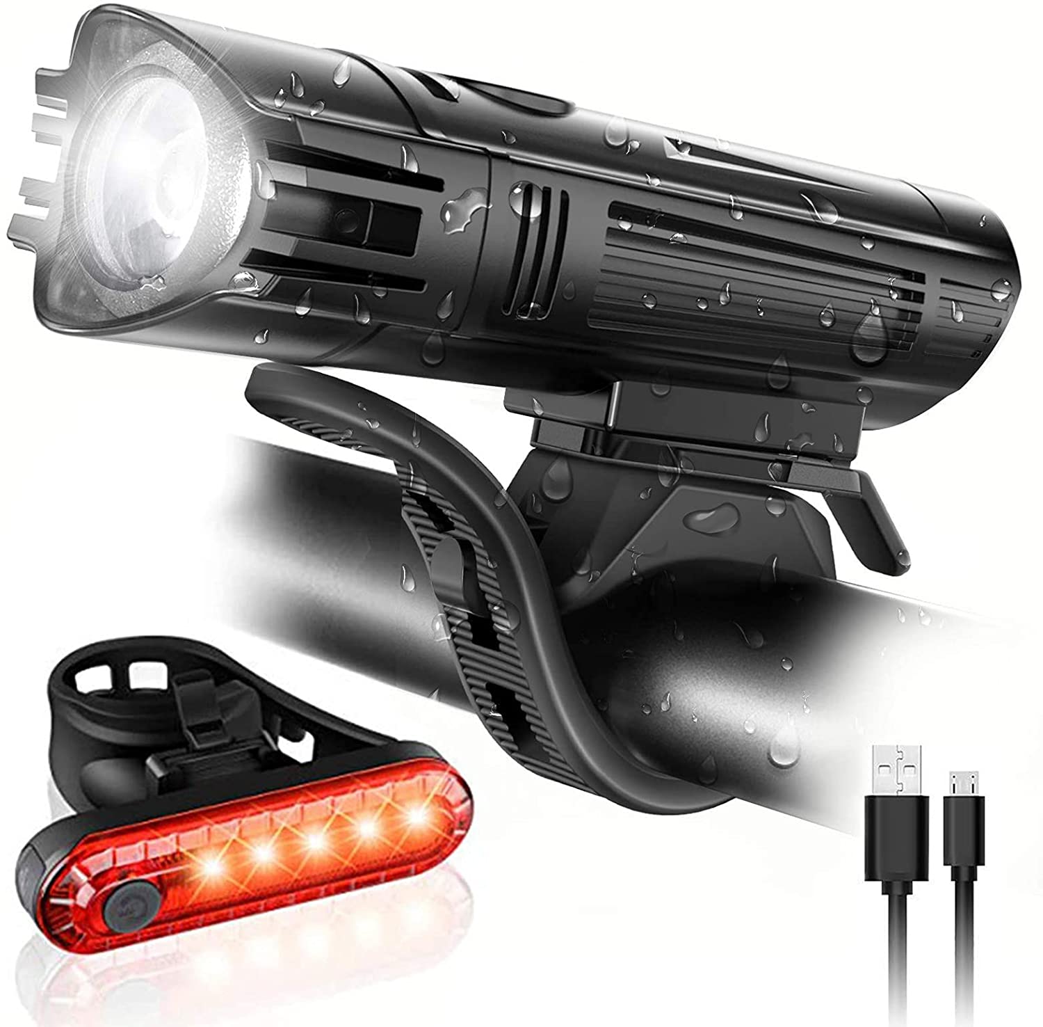 Waterproof Rechargeable LED Bike Lights Set (2000mah Lithium Battery, IPX4, 2 USB Cables) V178-83631