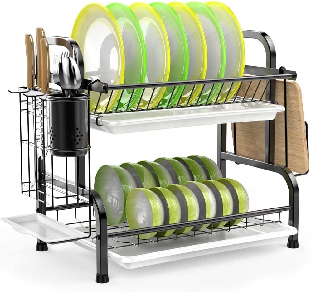 Stainless Steel 2-Tier Dish Drying Rack with Utensil Holder, Cutting Board Holder and Dish Drainer for V178-84442