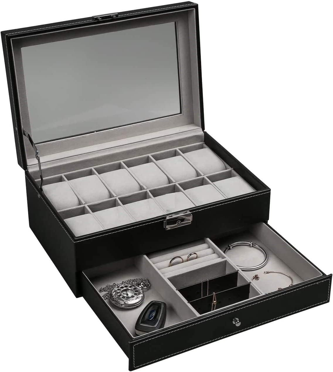 12 Slot PU Leather Lockable Watch and Jewelry Storage Boxes (Black) V178-84497