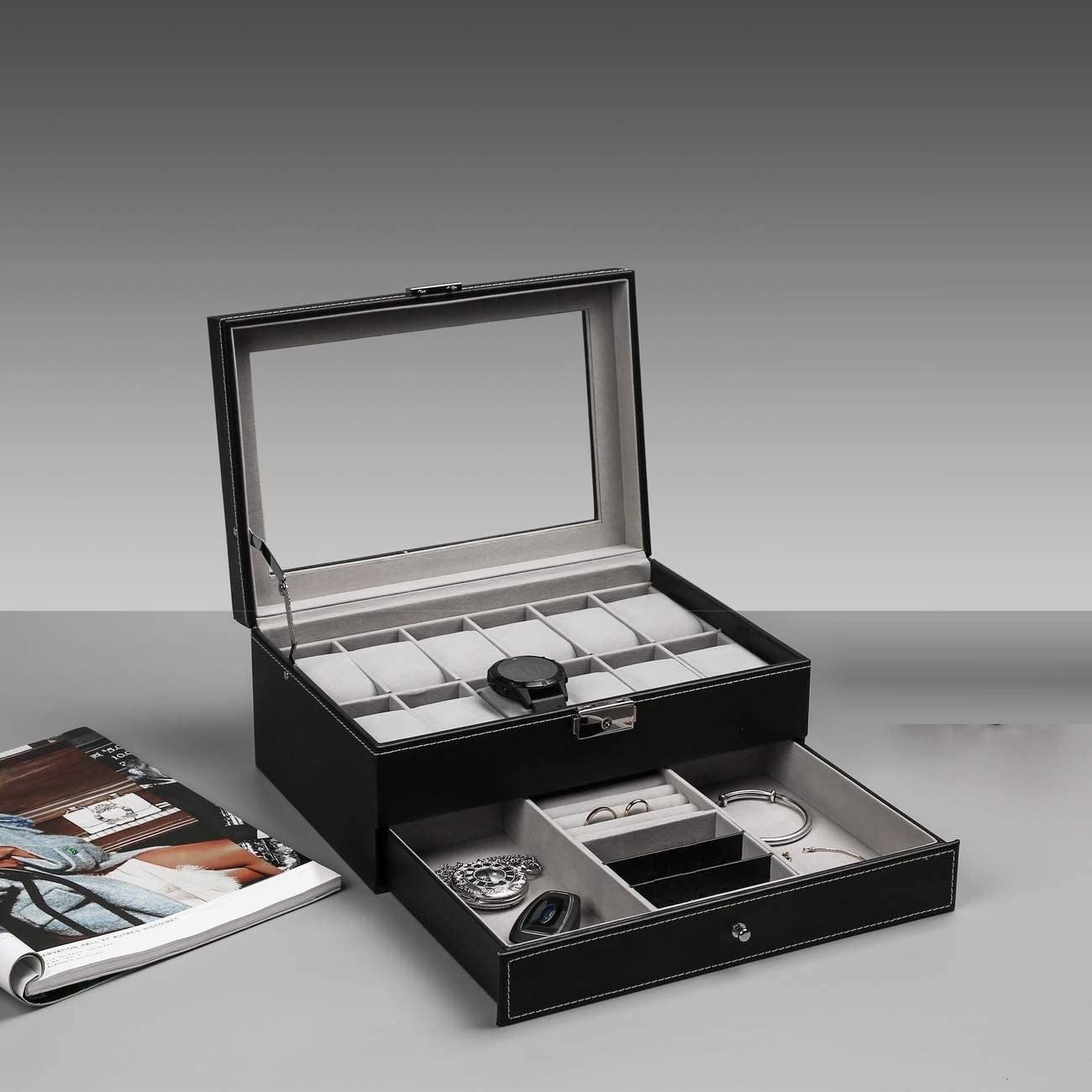 12 Slot PU Leather Lockable Watch and Jewelry Storage Boxes (Black) V178-84497