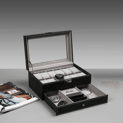 12 Slot PU Leather Lockable Watch and Jewelry Storage Boxes (Black) V178-84497