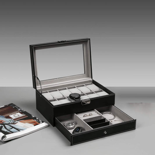 12 Slot PU Leather Lockable Watch and Jewelry Storage Boxes (Black) V178-84497