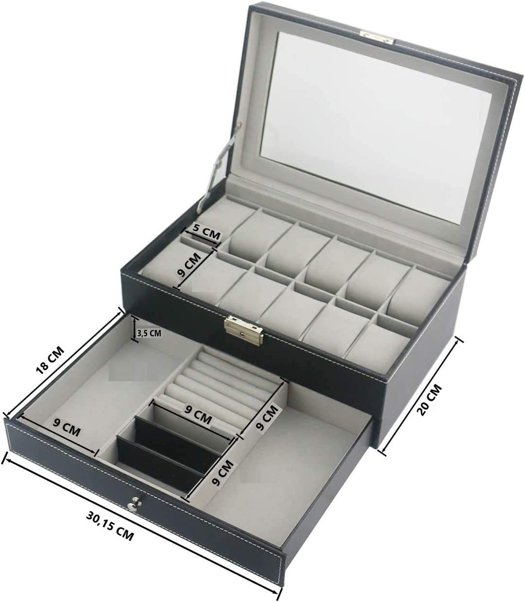 12 Slot PU Leather Lockable Watch and Jewelry Storage Boxes (Black) V178-84497