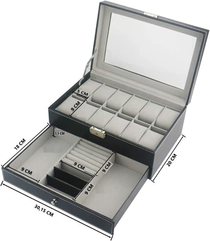 12 Slot PU Leather Lockable Watch and Jewelry Storage Boxes (Black) V178-84497