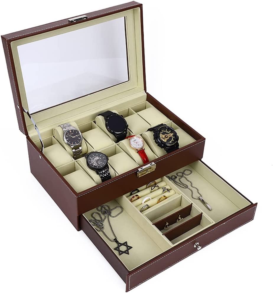 12 Slot PU Leather Lockable Watch and Jewelry Storage Boxes (Brown) V178-84503