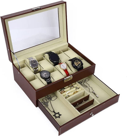12 Slot PU Leather Lockable Watch and Jewelry Storage Boxes (Brown) V178-84503