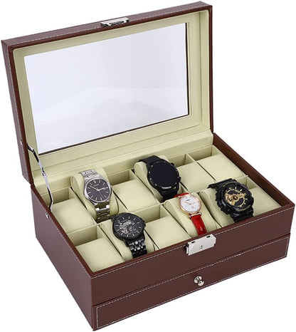 12 Slot PU Leather Lockable Watch and Jewelry Storage Boxes (Brown) V178-84503