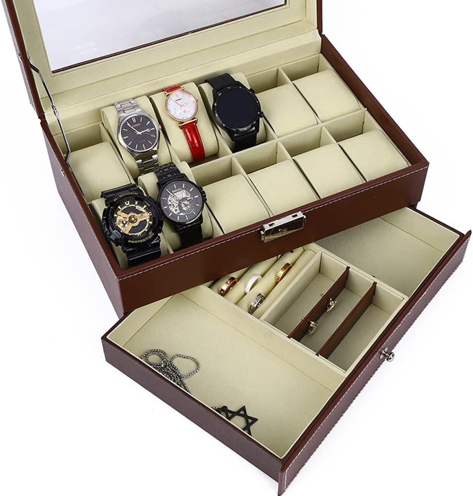 12 Slot PU Leather Lockable Watch and Jewelry Storage Boxes (Brown) V178-84503