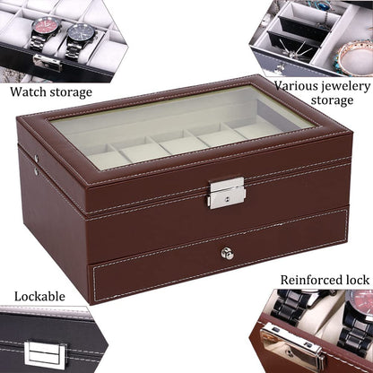 12 Slot PU Leather Lockable Watch and Jewelry Storage Boxes (Brown) V178-84503