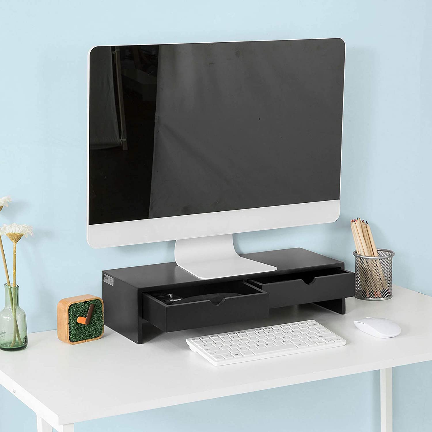Black Monitor Stand Desk Organizer with 2 Drawers V178-84522