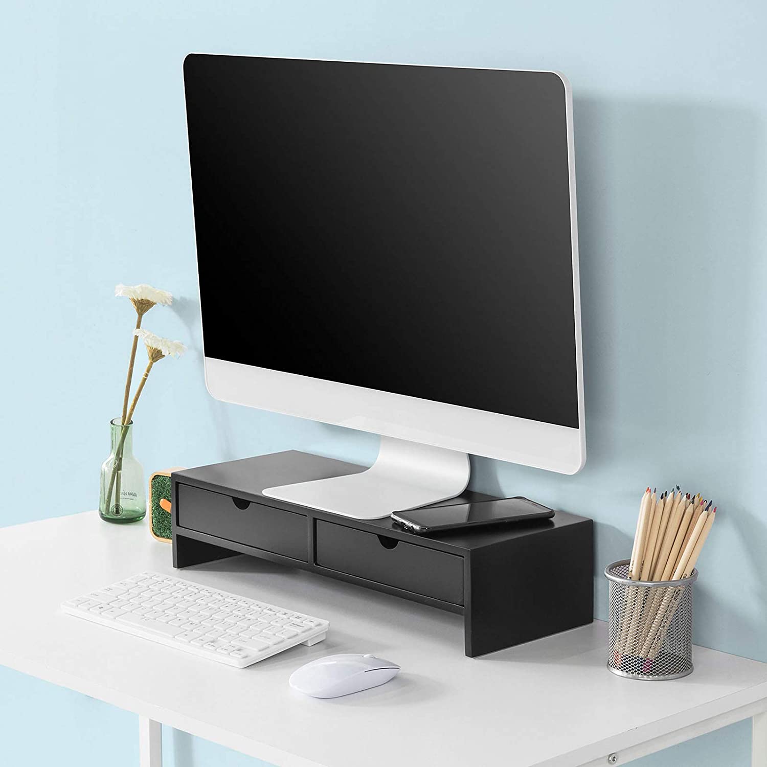 Black Monitor Stand Desk Organizer with 2 Drawers V178-84522