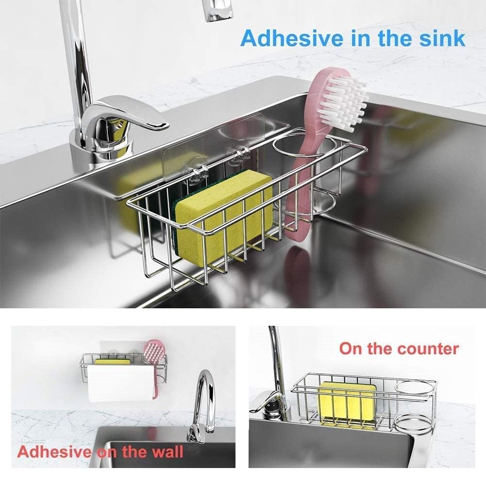 3-in-1 Adhesive Stainless Steel Sink Caddy Organizer Storage for Kitchen Rustproof V178-84565