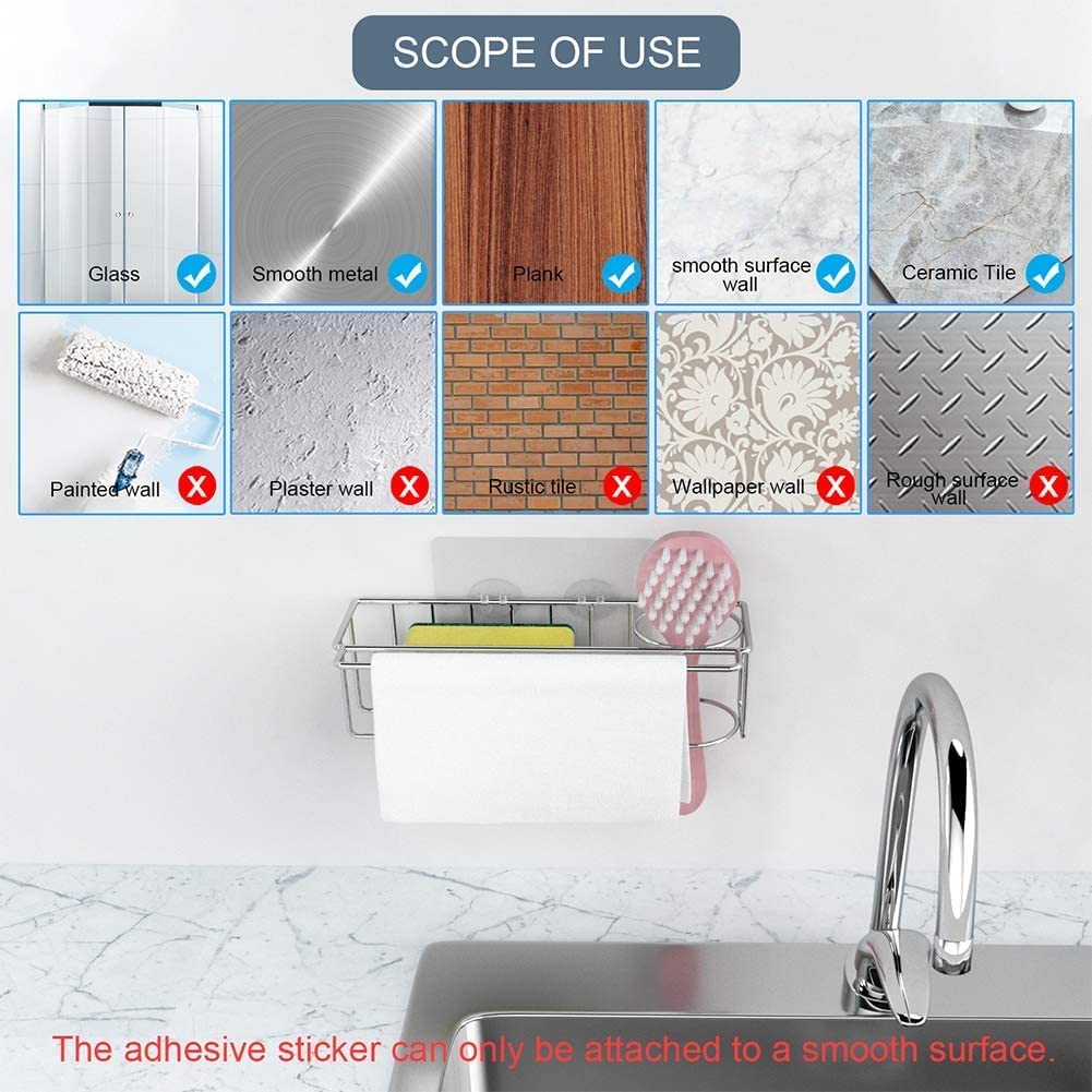 3-in-1 Adhesive Stainless Steel Sink Caddy Organizer Storage for Kitchen Rustproof V178-84565