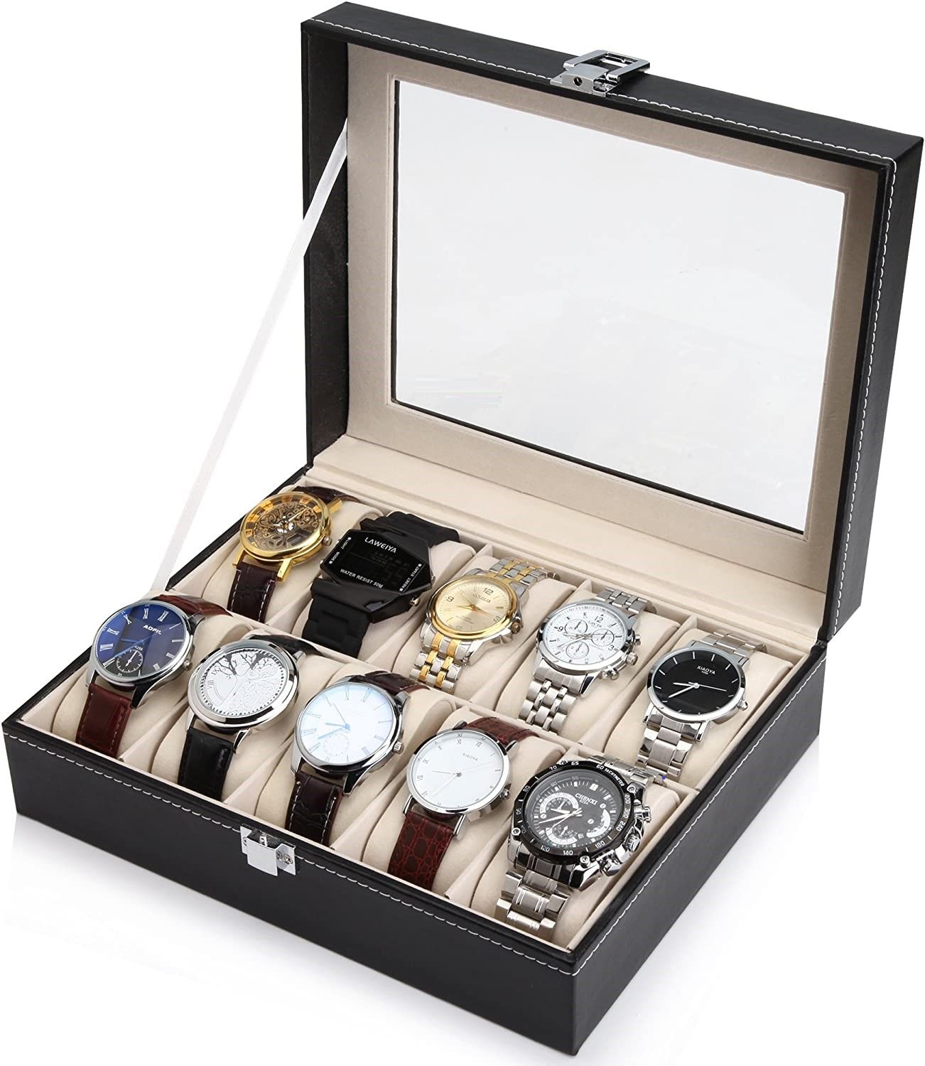 Black PU Leather Watch Organizer Display Storage Box Cases for Men & Women (10 slots) V178-84574