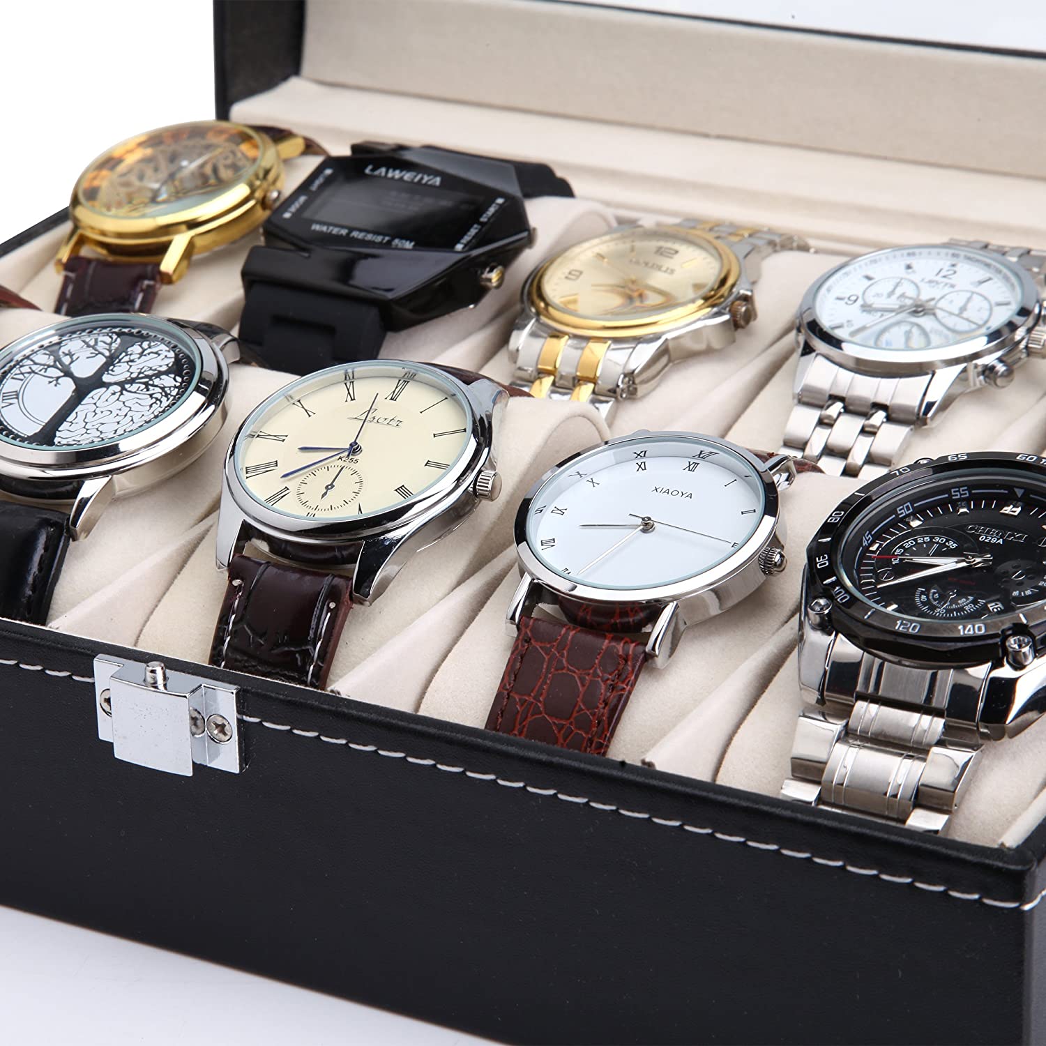 Black PU Leather Watch Organizer Display Storage Box Cases for Men & Women (10 slots) V178-84574