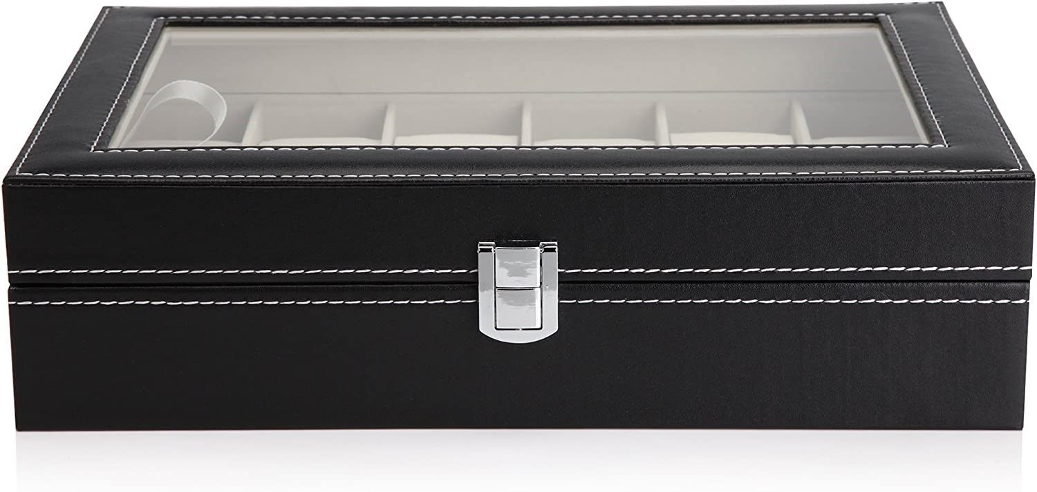 Black PU Leather Watch Organizer Display Storage Box Cases for Men & Women (12 slots) V178-84581