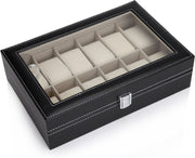 Black PU Leather Watch Organizer Display Storage Box Cases for Men & Women (12 slots) V178-84581