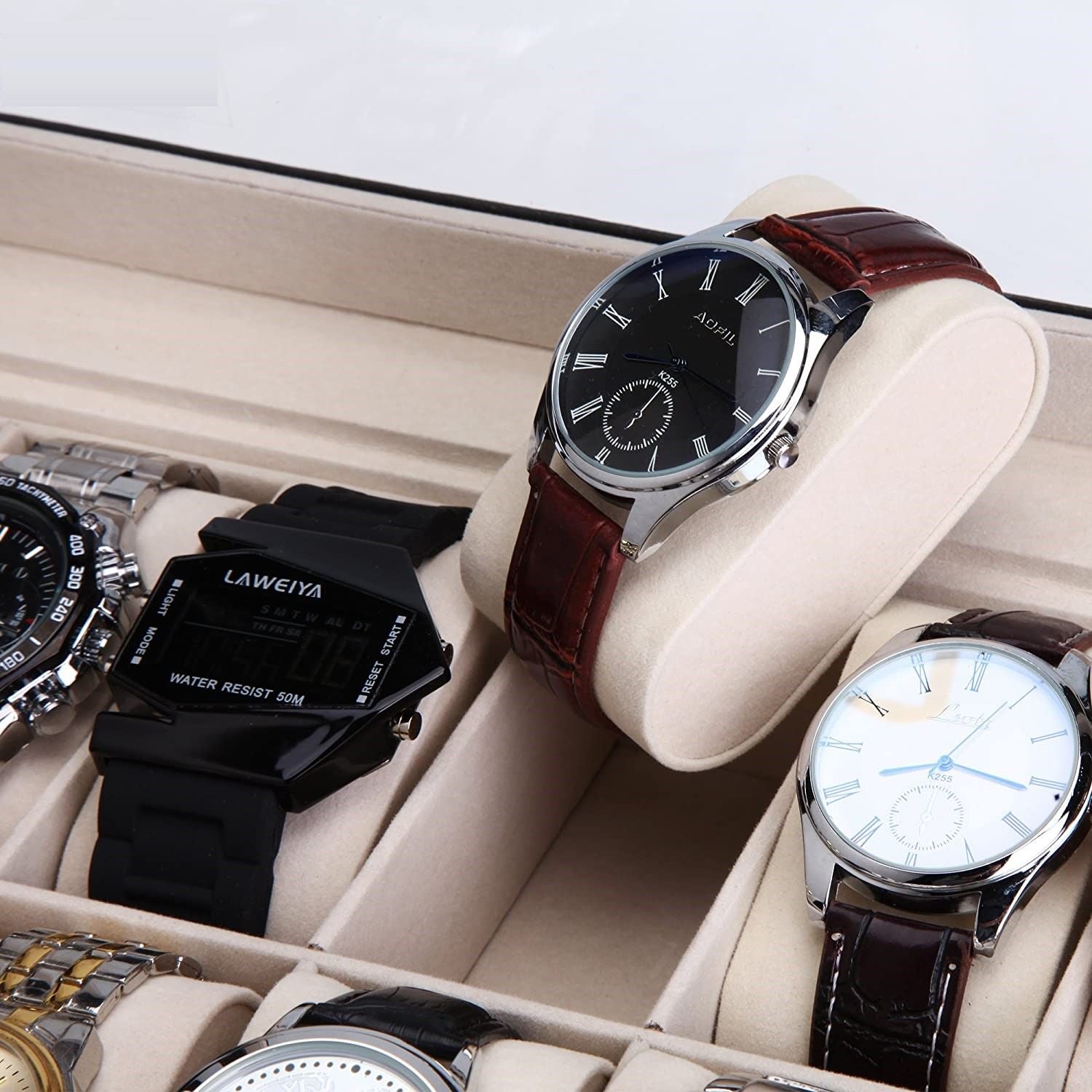 Black PU Leather Watch Organizer Display Storage Box Cases for Men & Women (12 slots) V178-84581