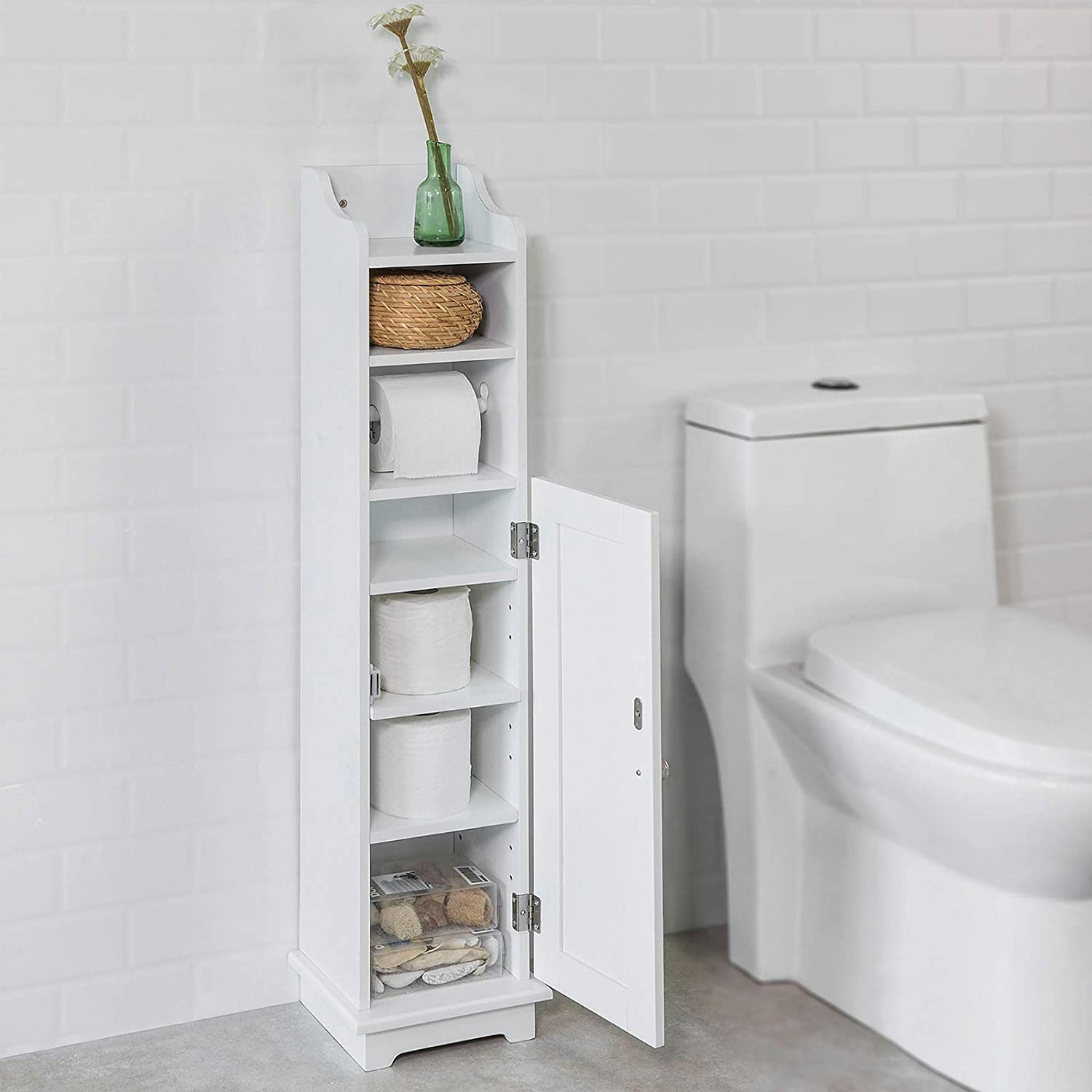 Toilet Paper Holder with Storage, Freestanding Cabinet, Toilet Brush Holder and Toilet Paper Dispenser V178-84706