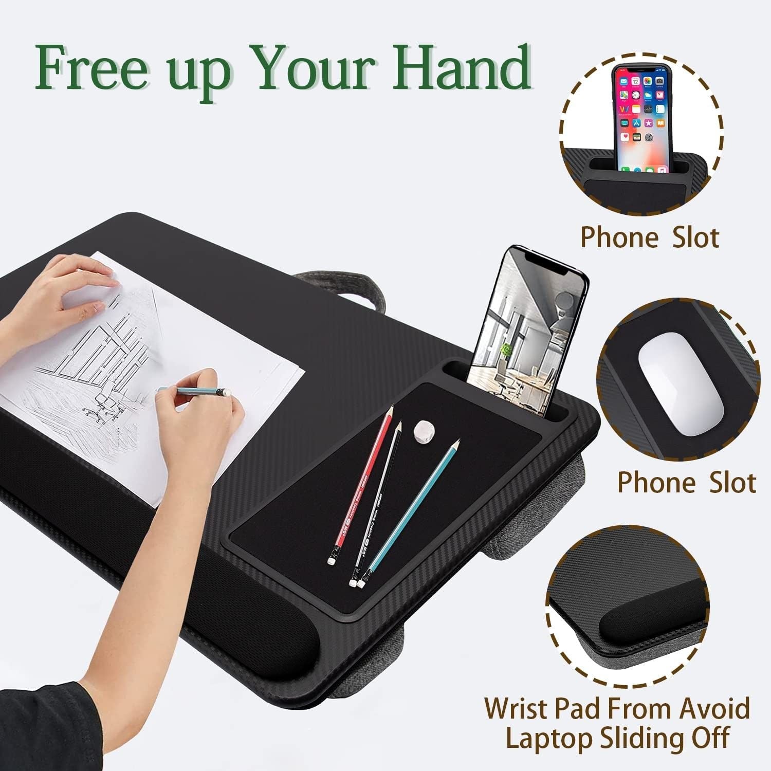 Portable Laptop Desk with Device Ledge, Mouse Pad and Phone Holder for Home Office (Black, 43cm) V178-84810
