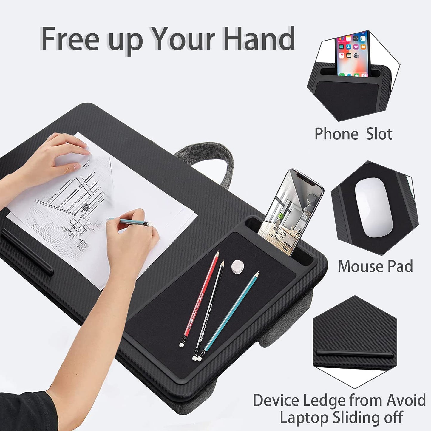 Portable Laptop Desk with Device Ledge, Mouse Pad and Phone Holder for Home Office (Black, 40cm) V178-84834
