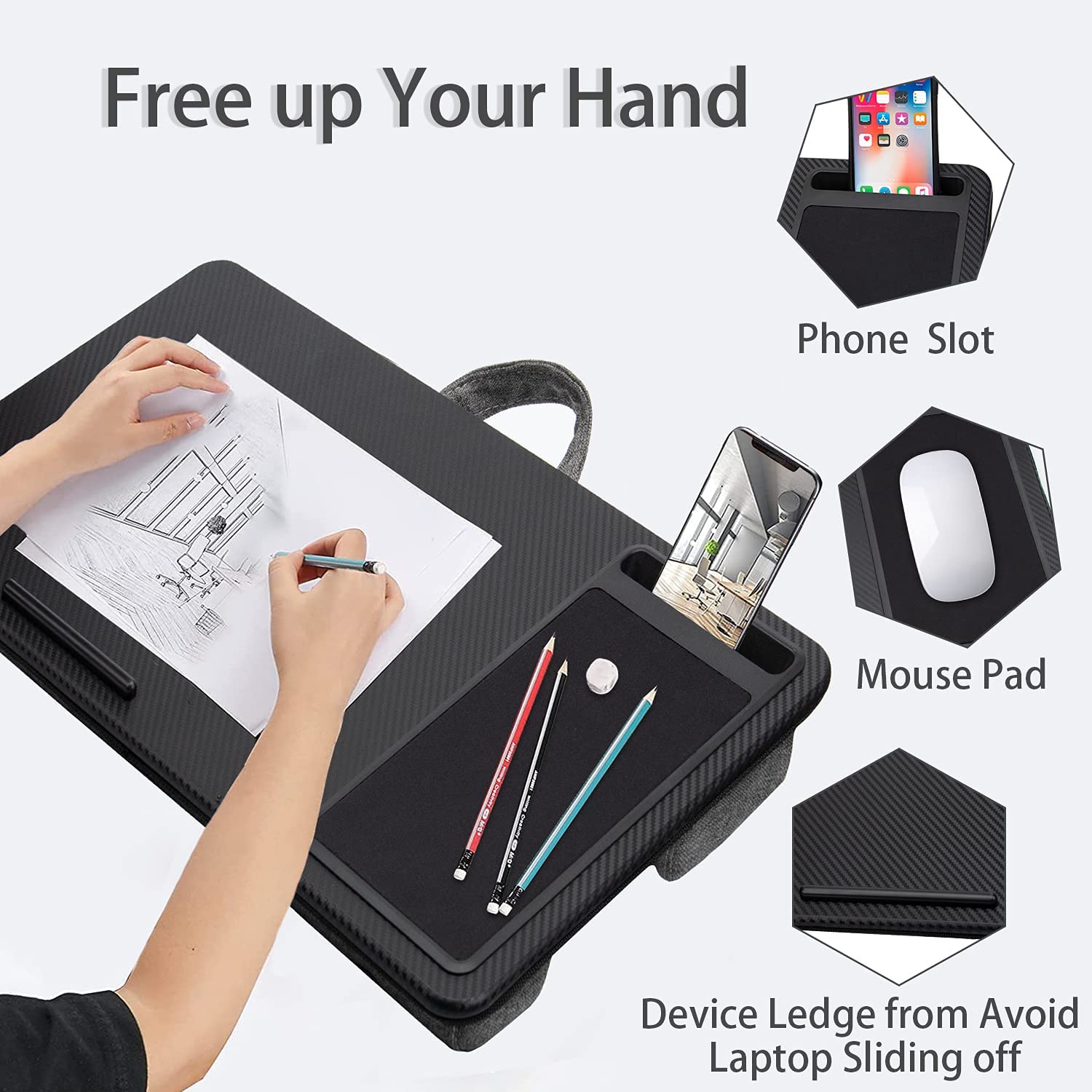Portable Laptop Desk with Device Ledge, Mouse Pad and Phone Holder for Home Office (Black, 40cm) V178-84834