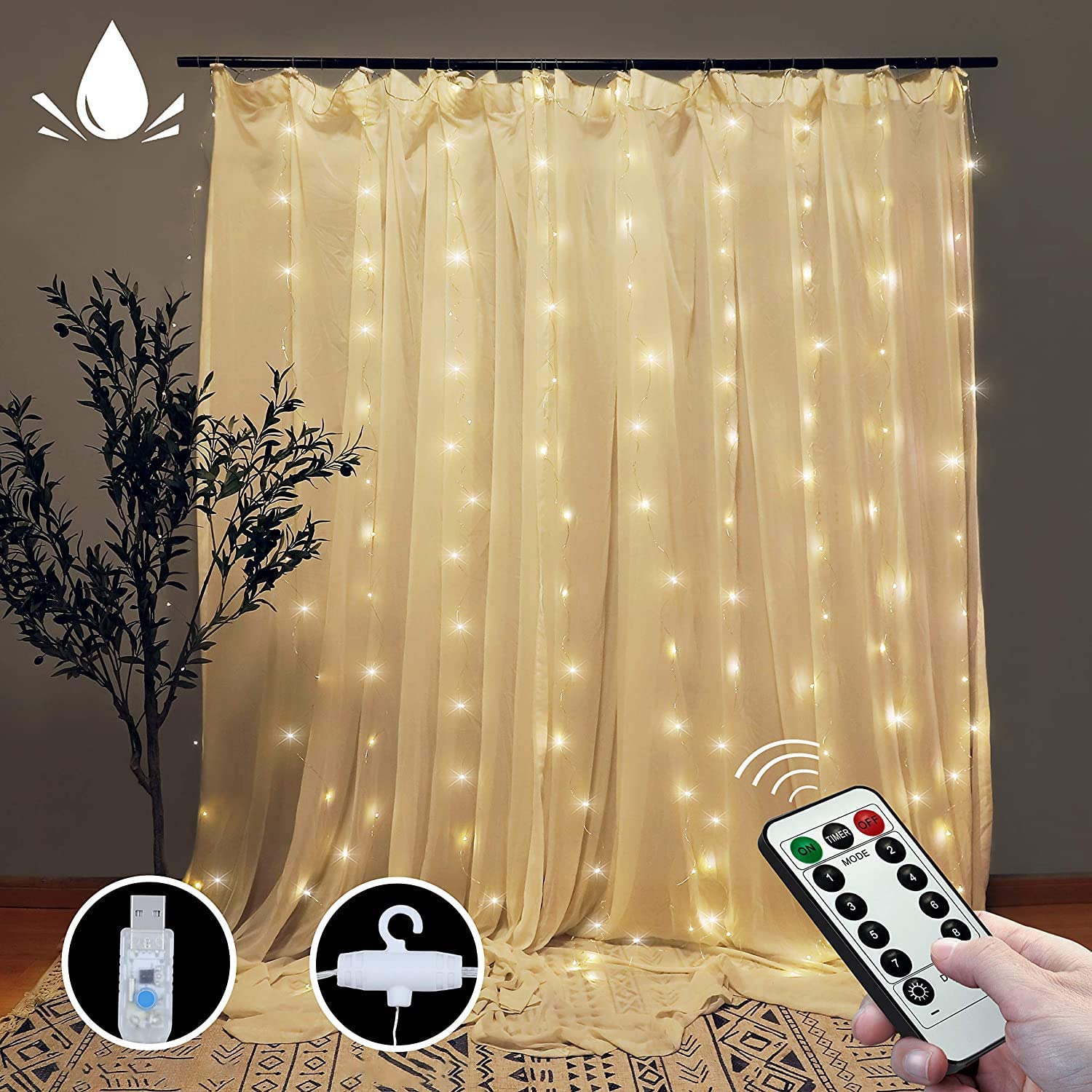 300 LEDs Window Curtain Fairy Lights 8 Modes and Remote Control for Bedroom (Warm White, 300 x 300cm) V178-84838