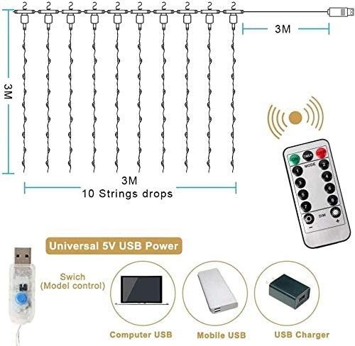 300 LEDs Window Curtain Fairy Lights 8 Modes and Remote Control for Bedroom (Warm White, 300 x 300cm) V178-84838