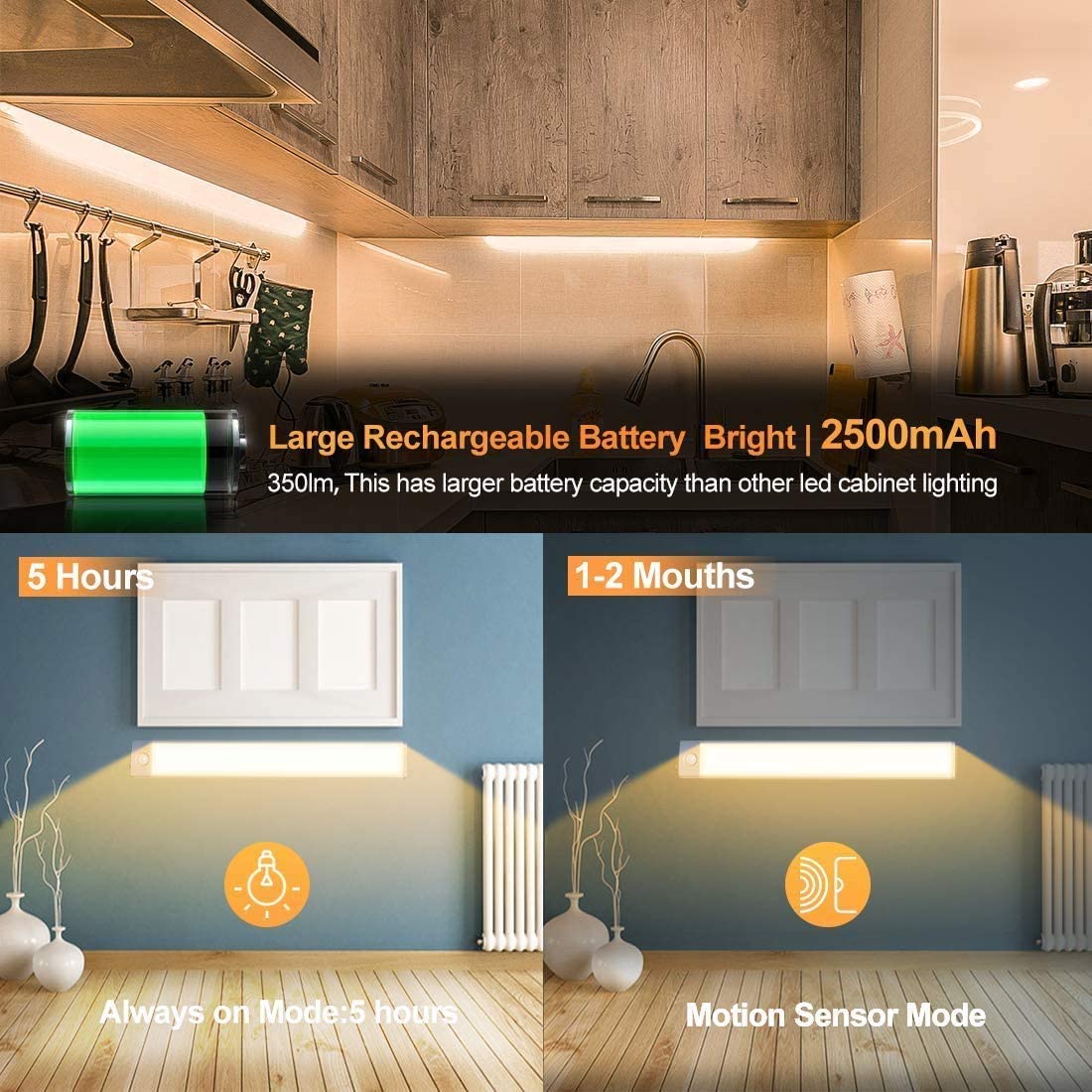 54 LED Rechargeable Under Cabinet Night Lighting for Kitchen and Bedroom (Silver and Yellow Light) V178-84852