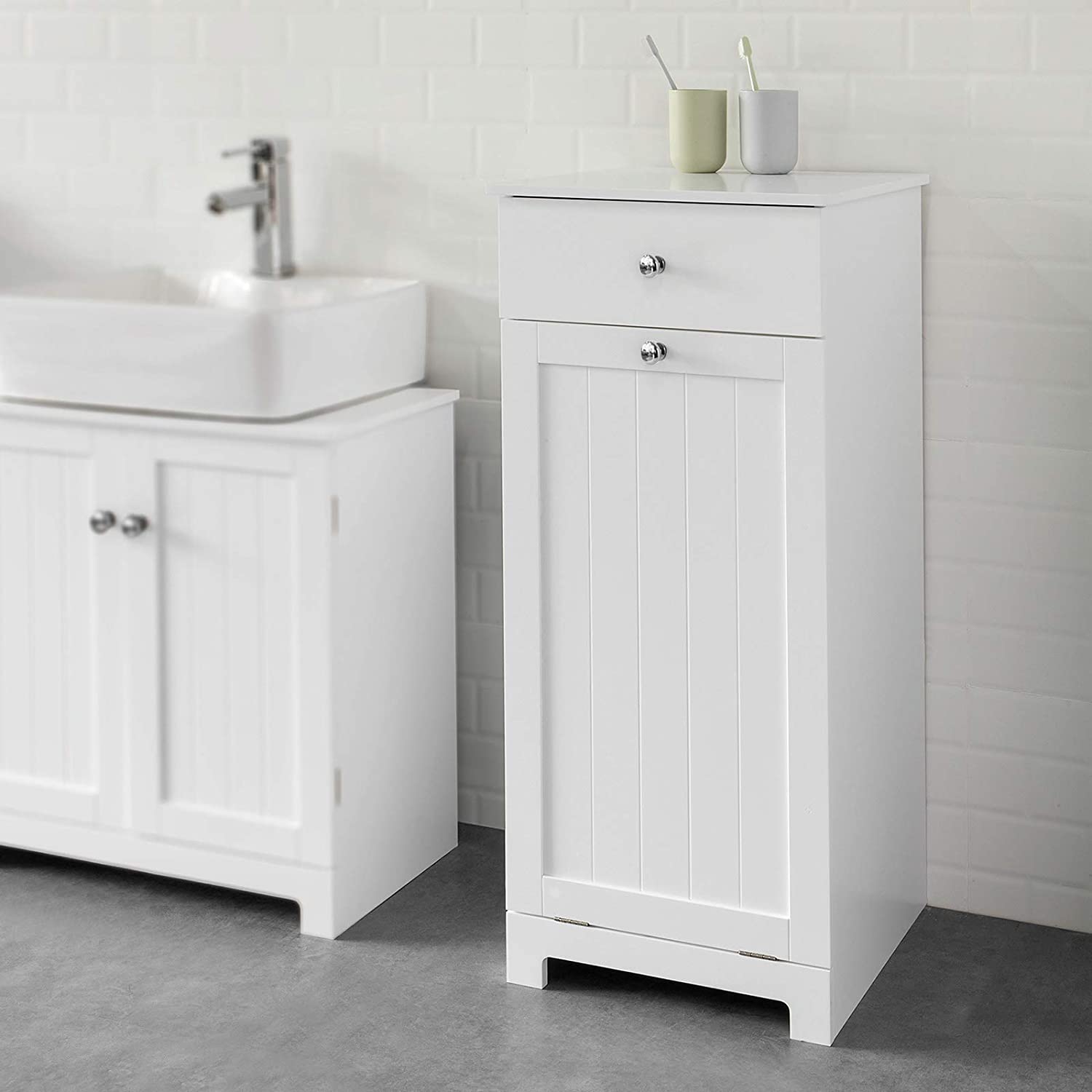 White Bathroom Cabinet with Laundry Basket and Drawer V178-85024