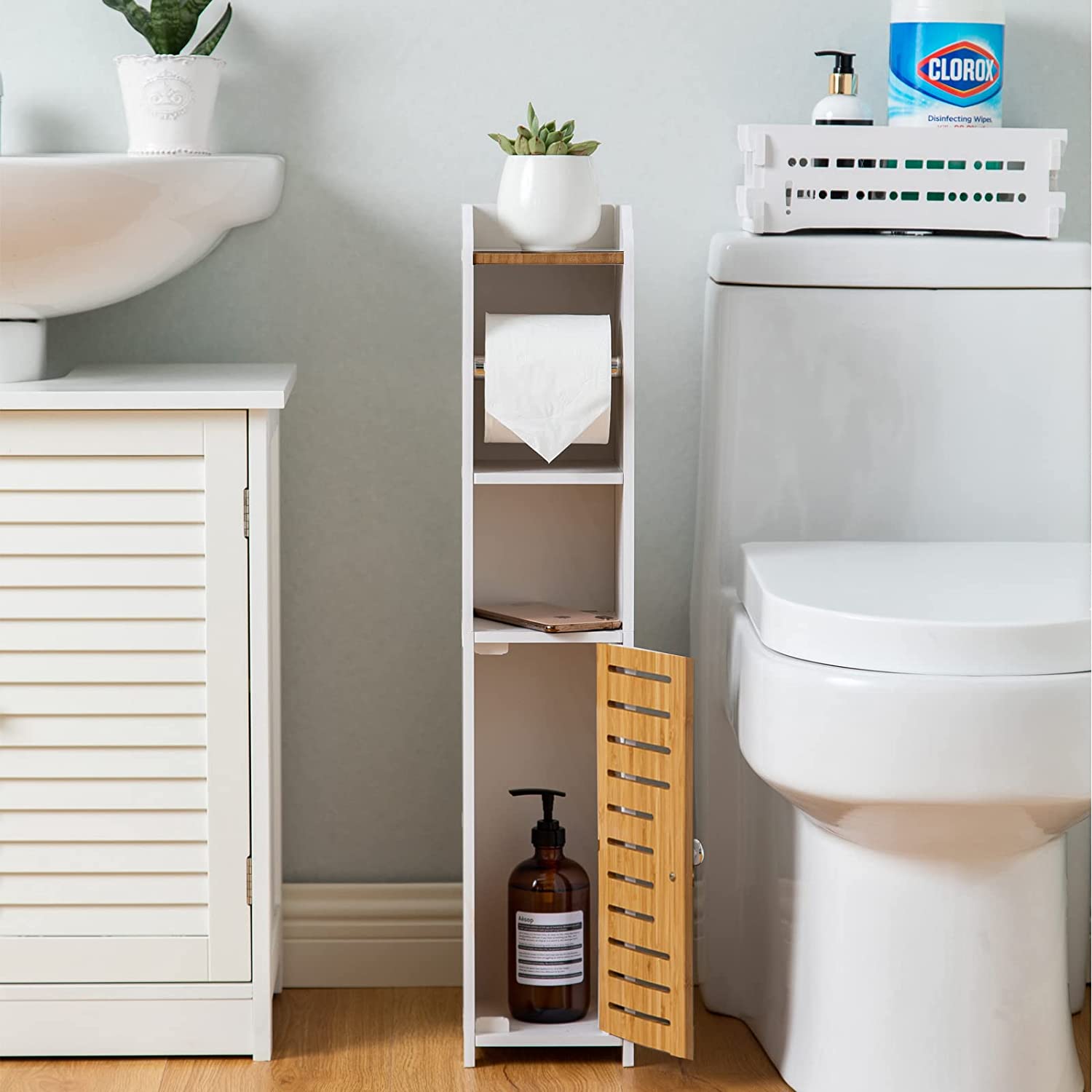 Toilet Paper Roll Holder for Bathroom with roller (Bamboo, 76cm) V178-85149