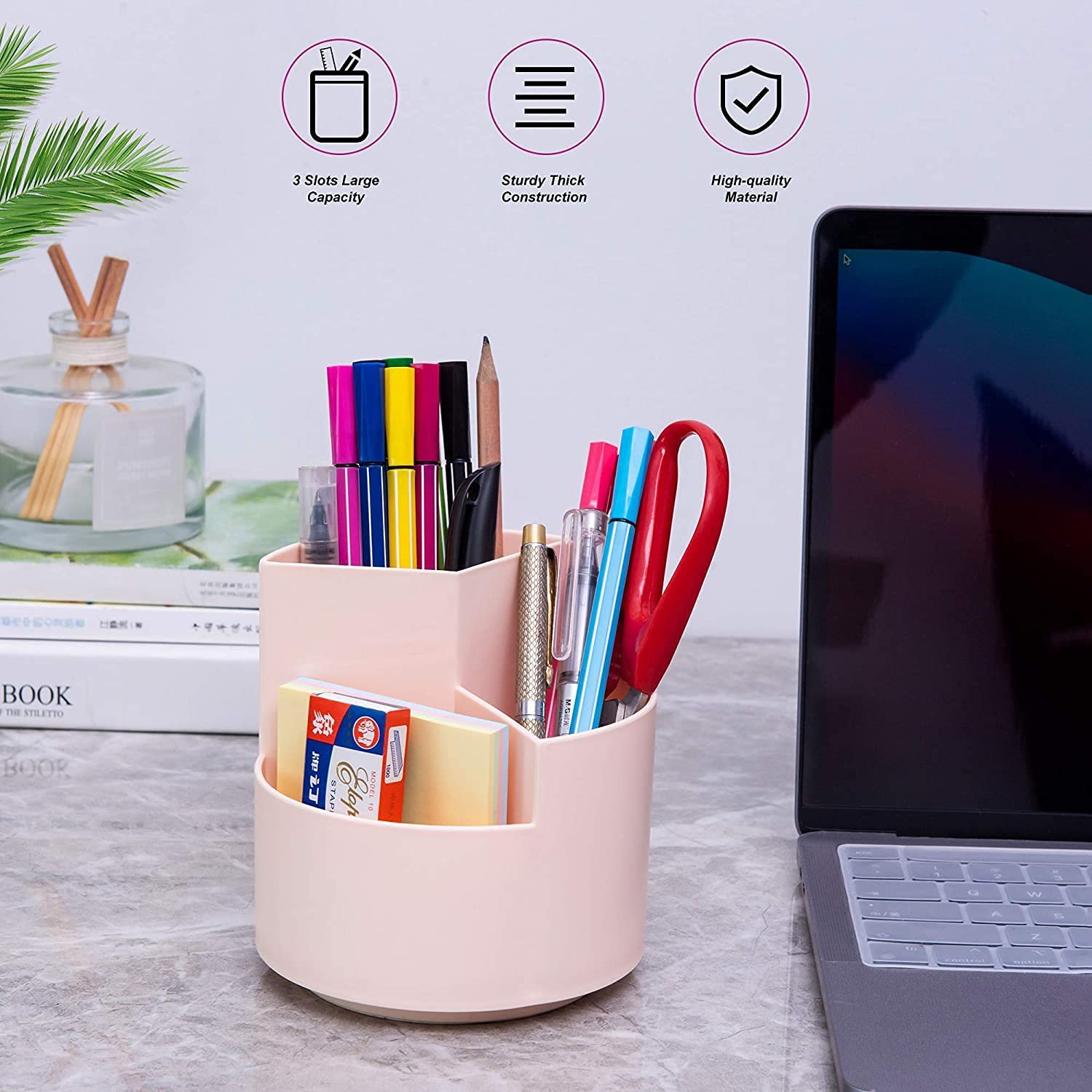 360 degree rotating multi-functional pen holder with 3 separate layer for office desk organiser (Pink) V178-85156