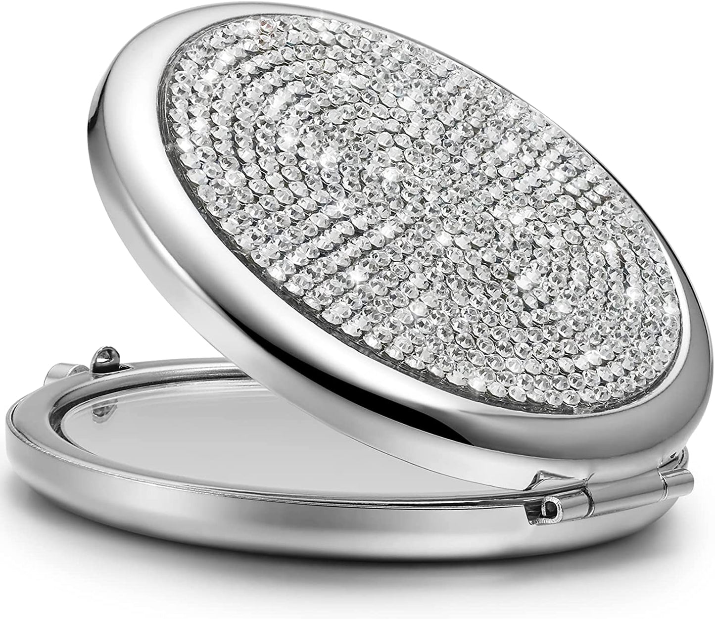 Mini Small Diamond 1X/2X Magnifying Round Metal Pocket Makeup Mirror (Silver) V178-85392