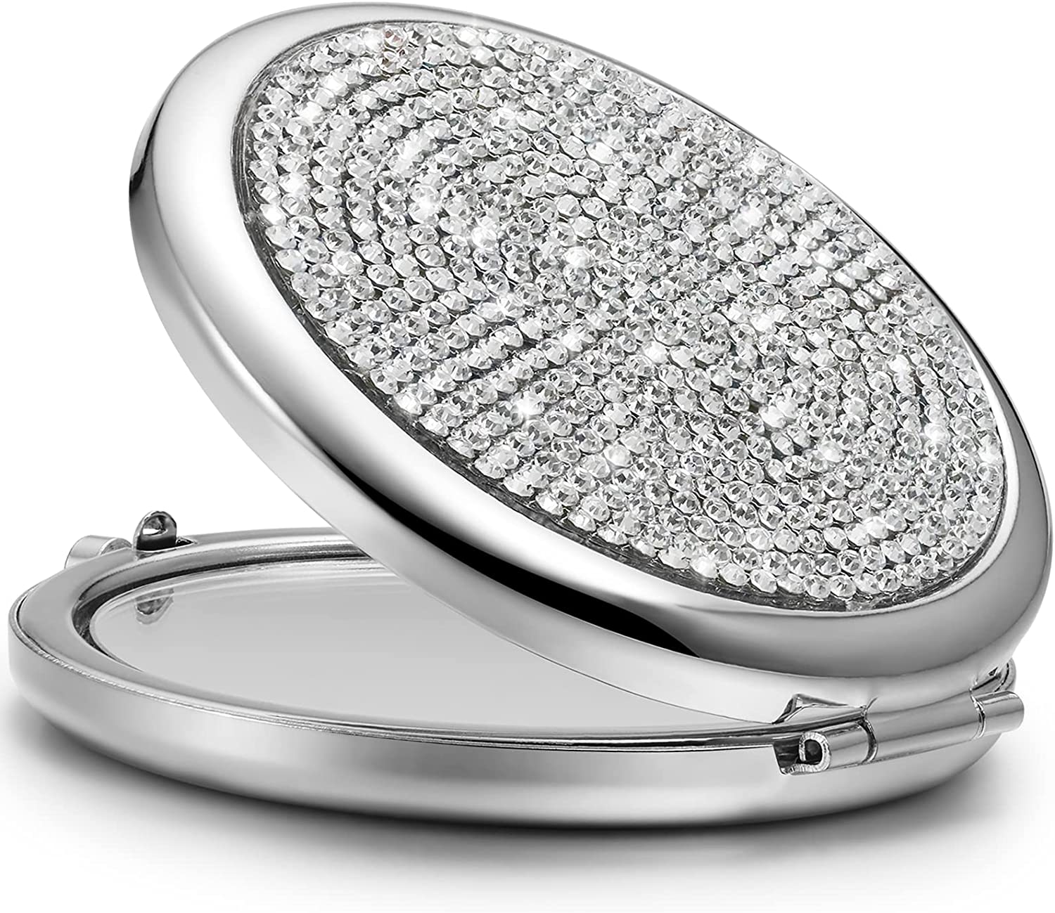 Mini Small Diamond 1X/2X Magnifying Round Metal Pocket Makeup Mirror (Silver) V178-85392