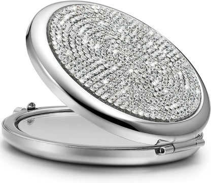 Mini Small Diamond 1X/2X Magnifying Round Metal Pocket Makeup Mirror (Silver) V178-85392