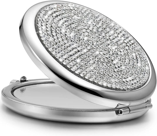 Mini Small Diamond 1X/2X Magnifying Round Metal Pocket Makeup Mirror (Silver) V178-85392