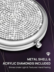 Mini Small Diamond 1X/2X Magnifying Round Metal Pocket Makeup Mirror (Silver) V178-85392