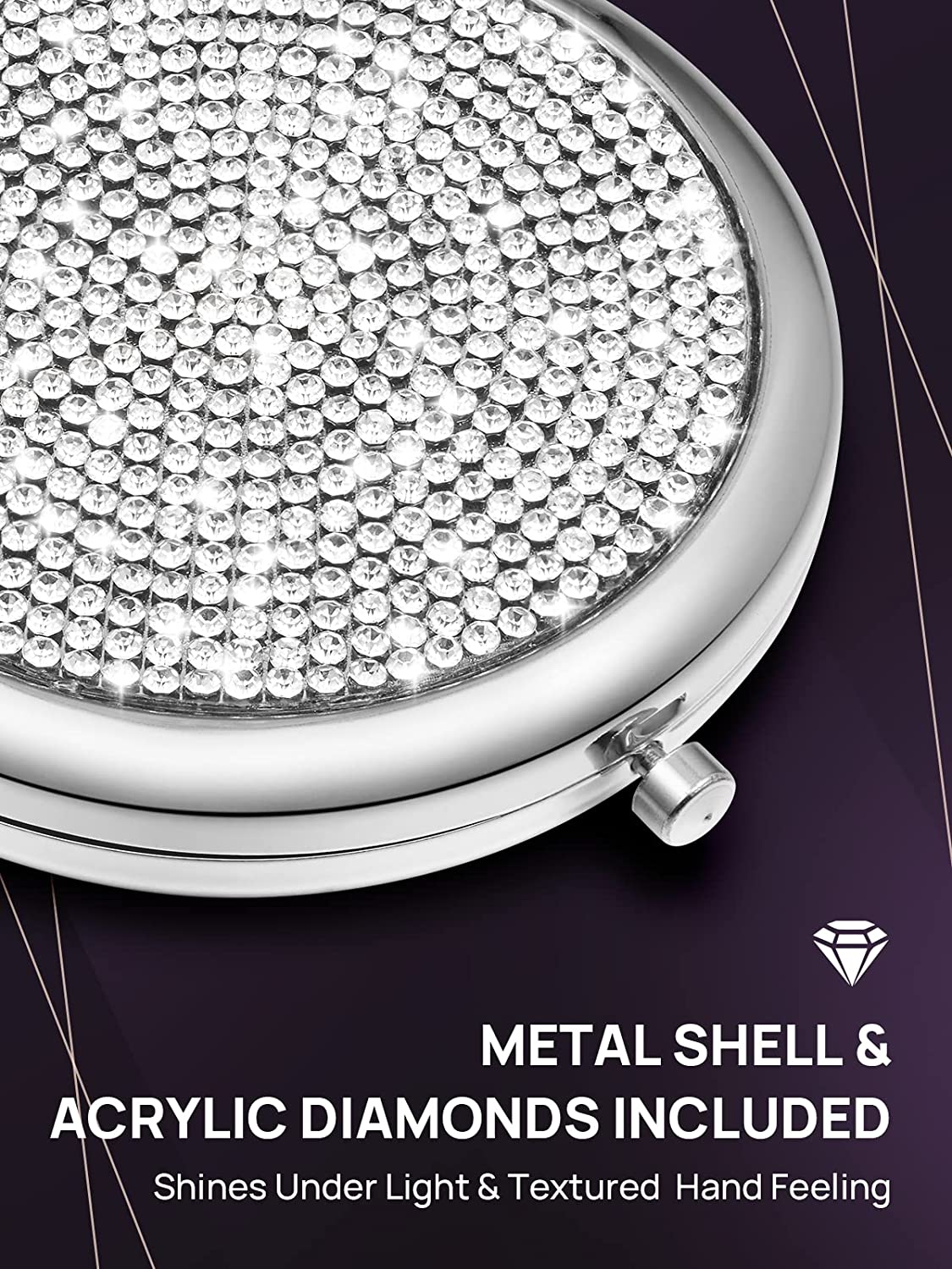Mini Small Diamond 1X/2X Magnifying Round Metal Pocket Makeup Mirror (Silver) V178-85392