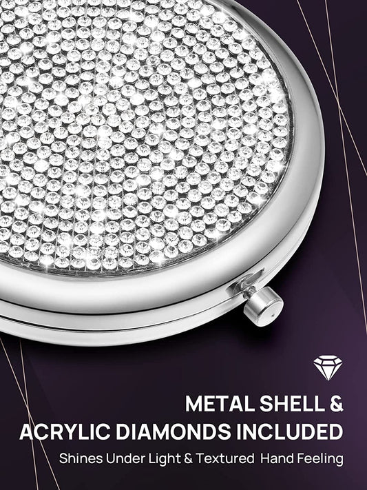 Mini Small Diamond 1X/2X Magnifying Round Metal Pocket Makeup Mirror (Silver) V178-85392