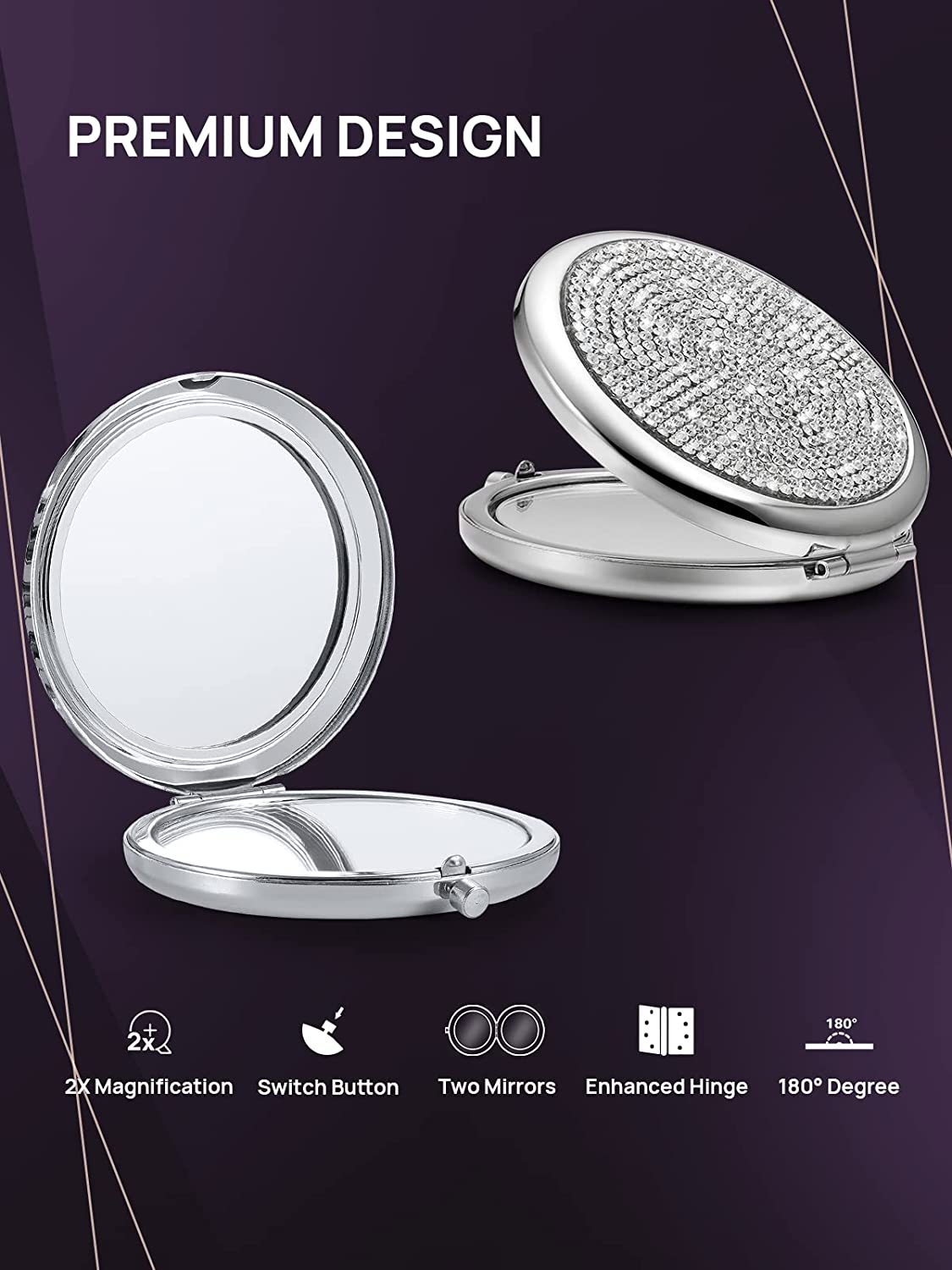 Mini Small Diamond 1X/2X Magnifying Round Metal Pocket Makeup Mirror (Silver) V178-85392