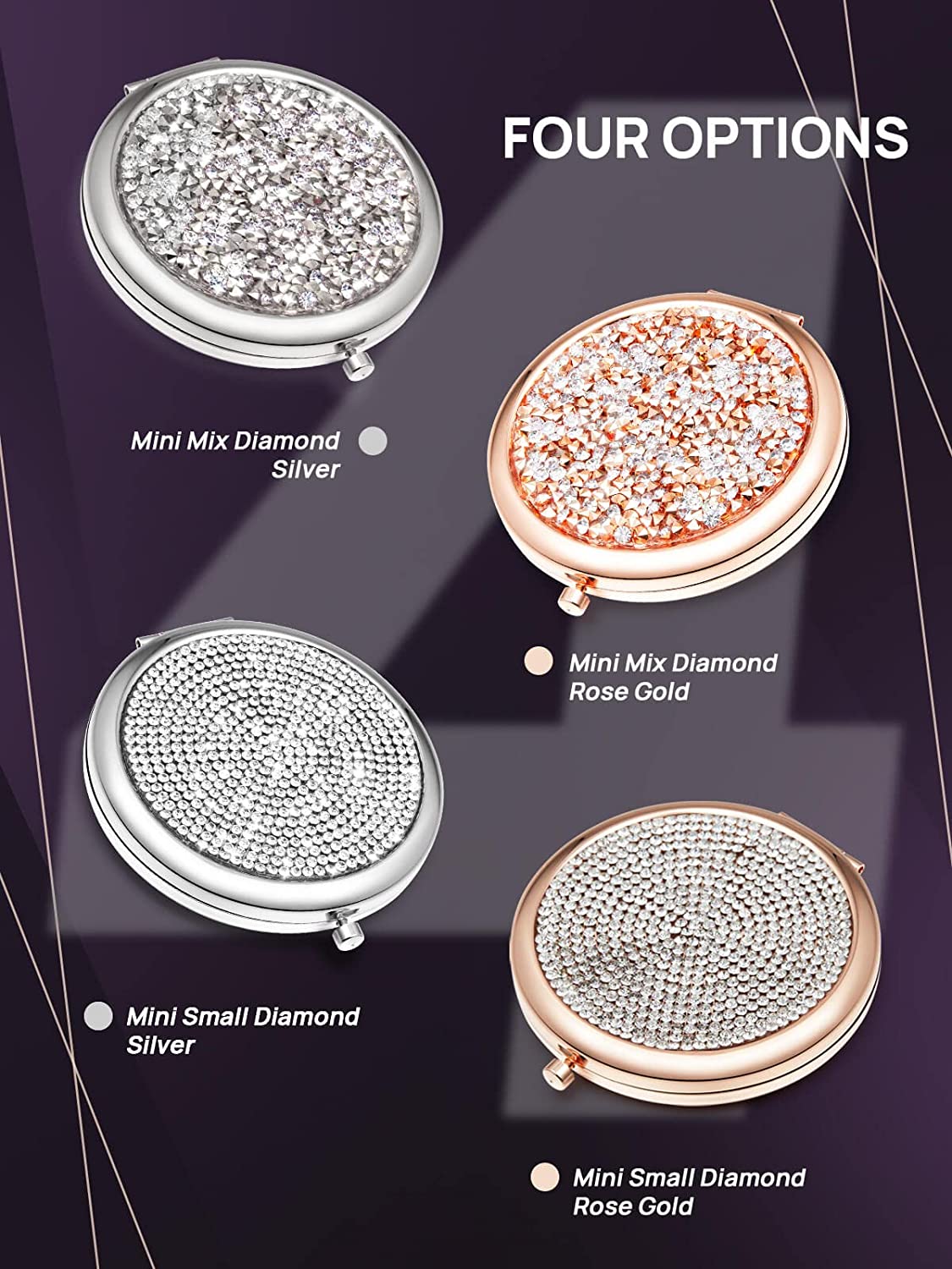 Mini Small Diamond 1X/2X Magnifying Round Metal Pocket Makeup Mirror (Silver) V178-85392
