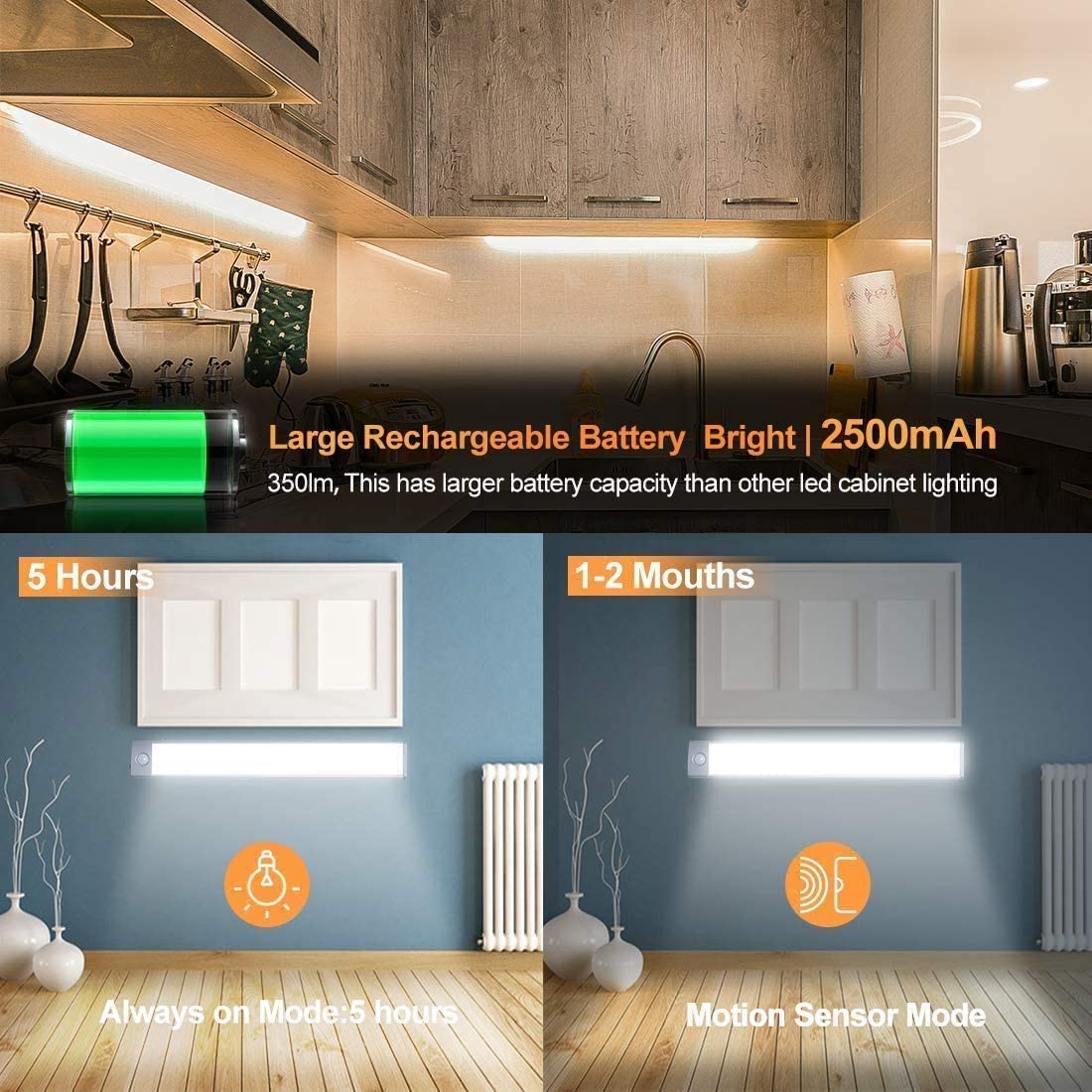 54 LED Rechargeable Under Cabinet Night Lighting for Kitchen and Bedroom (Sliver and White Light) V178-86890