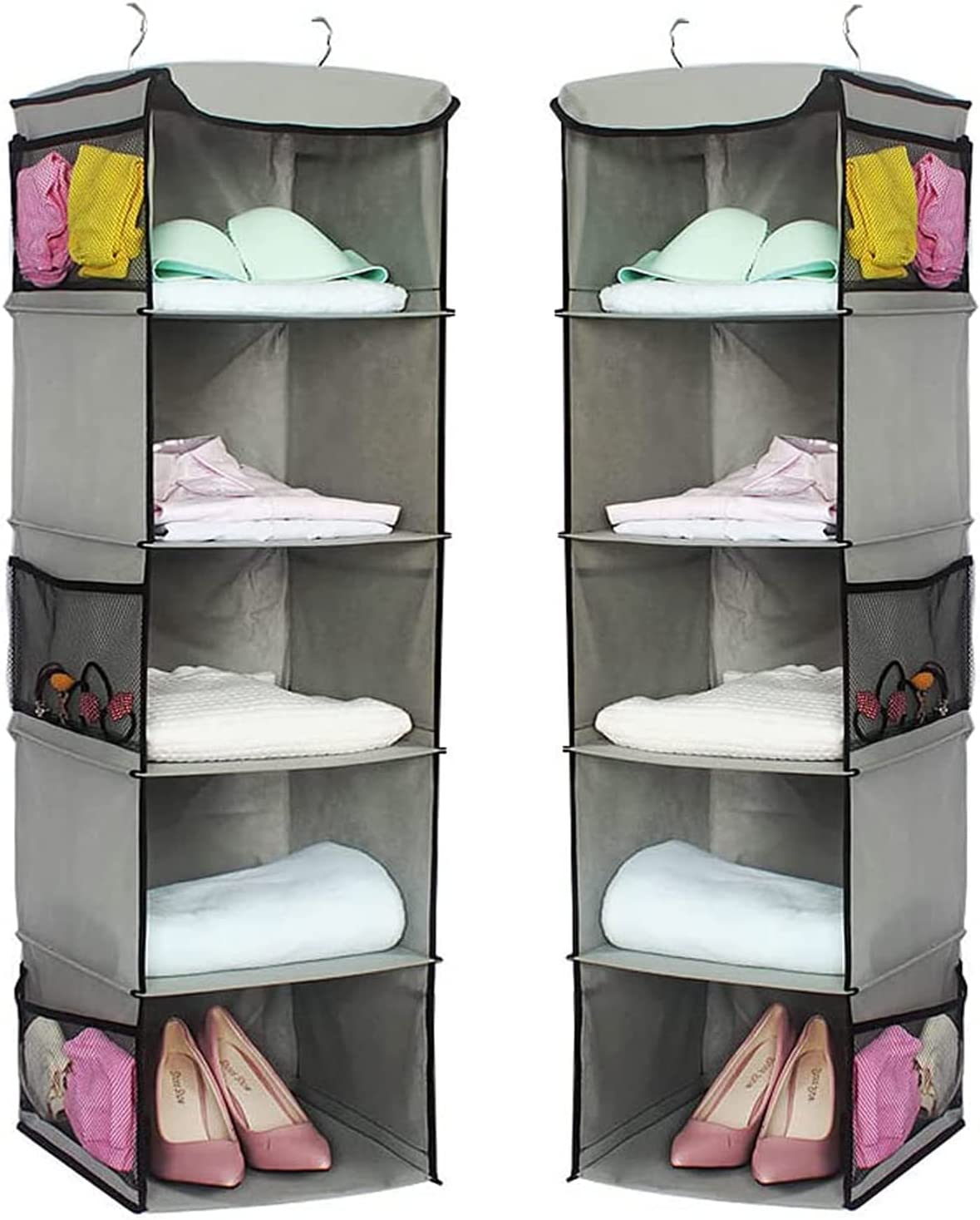 2 Pack 5 Foldable Shelf Hanging Closet Organizer Space Saver with Side Accessories Pockets for Clothes Storage V178-87460
