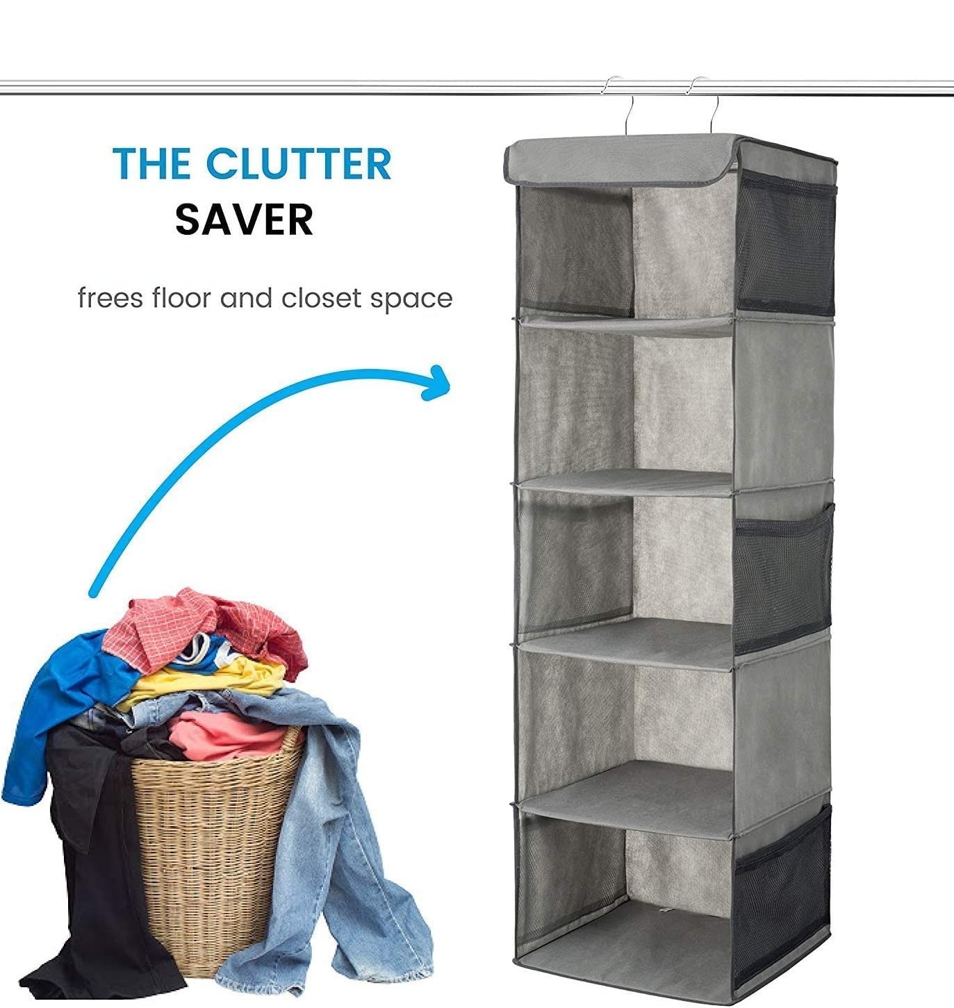 2 Pack 5 Foldable Shelf Hanging Closet Organizer Space Saver with Side Accessories Pockets for Clothes Storage V178-87460